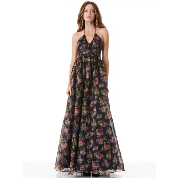 ALICE + OLIVIA SAORI MAGNOLIA FLORAL BLACK SILK MAXI PRINCESS GOWN SIZE 2 NWT - Picture 6 of 8
